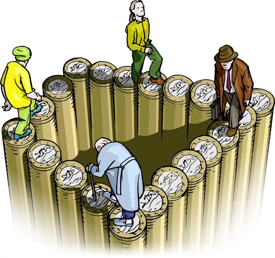 Piirroksessa neljä eri-ikäistä hahmoa kävelee ympyrää euron kolikoiden päällä.