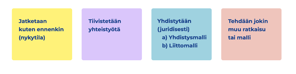 neljä laatikkoa, joissa tekstinä ed. kappaleessa kuvatut vaihtoehdot