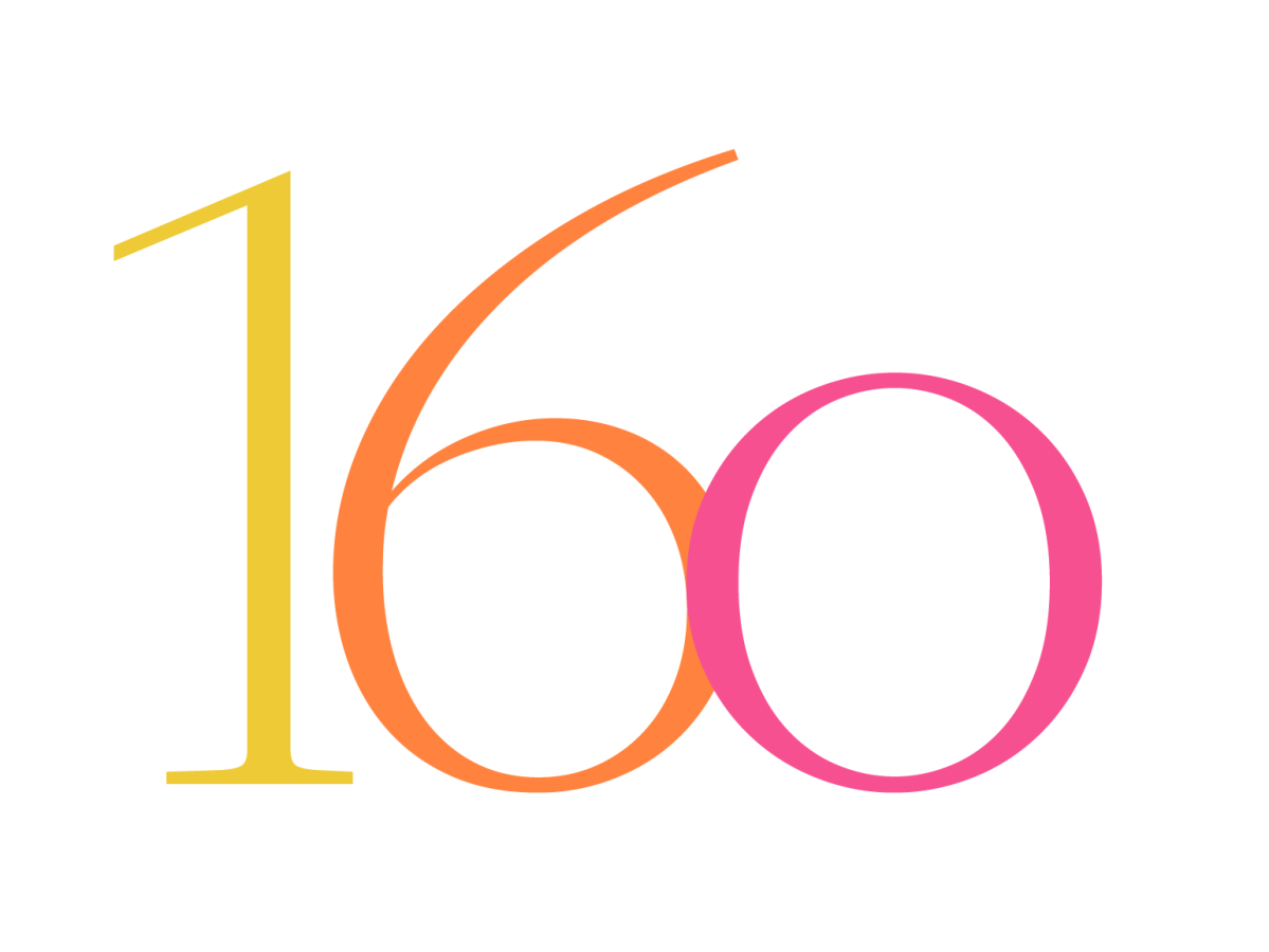 160-logo, jossa keltainen 1, oranssi 6 ja pinkki 0