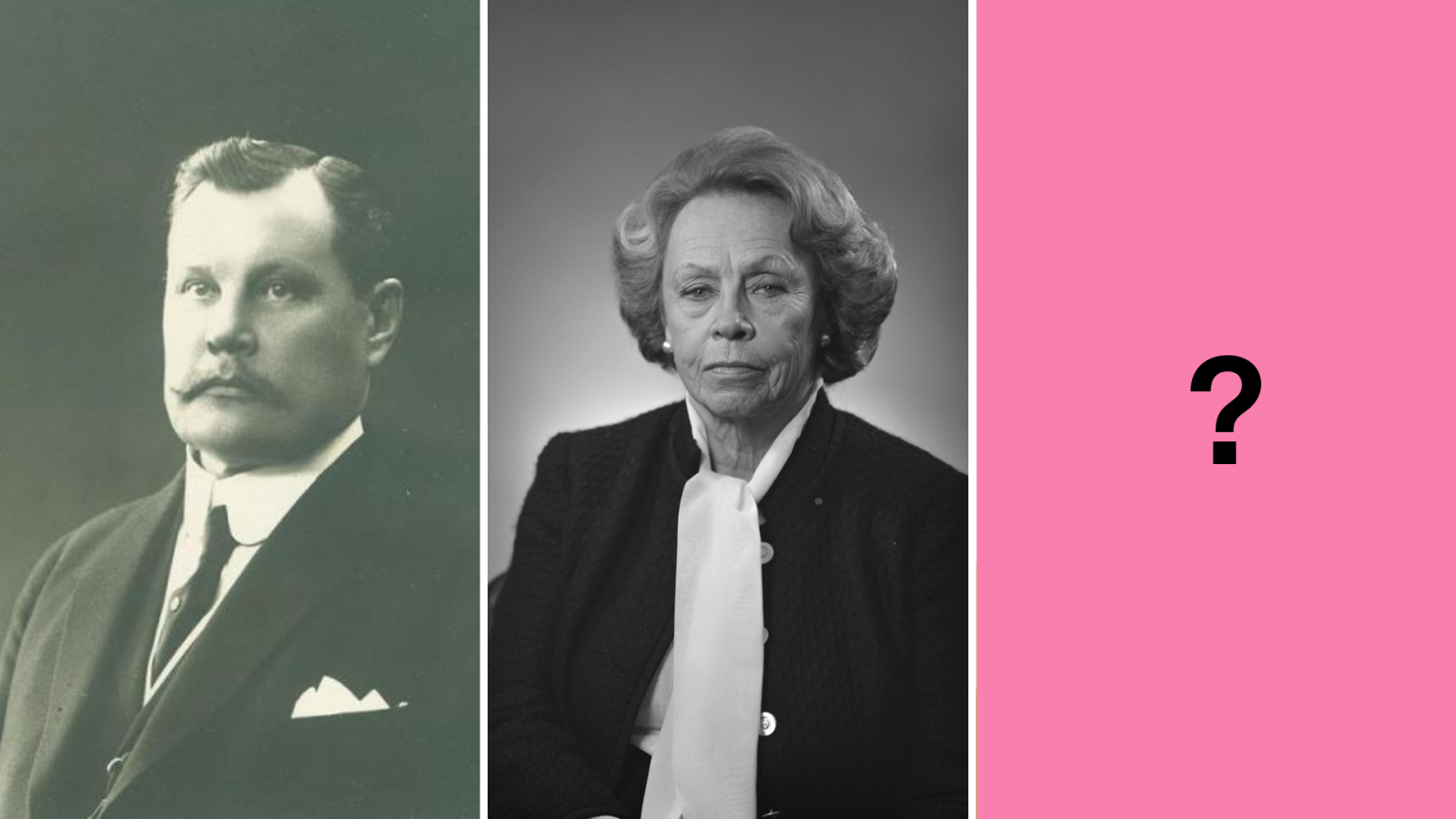 Keitä ovat uudet mesenaatit? Kuvatiedot: Alfred Kordelin (Atelier Nyblin, Valkeakosken museot) ja Maire Gullichsen (Kuvasiskot, Museoviraston kokoelma) Kolmiosaisessa kuvassa mustavalkokuvassa mesenaatit Alfred Kordelin ja Maire Gullichsen, kolmantena ruutuna kysymysmerkki